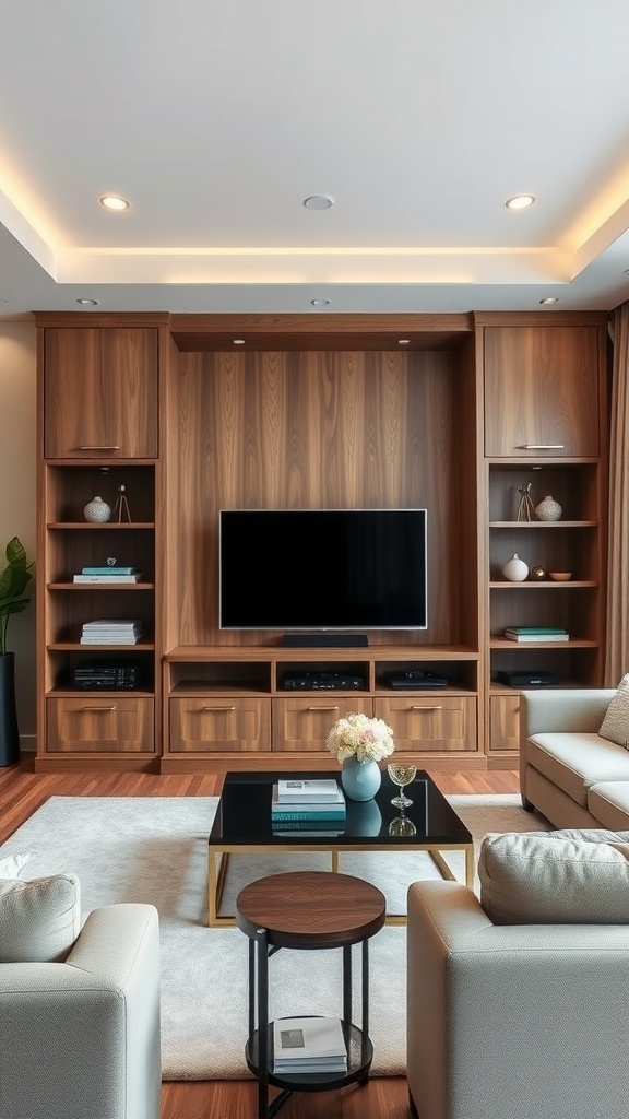 A modern living room featuring a custom-built entertainment center with a TV and shelving.