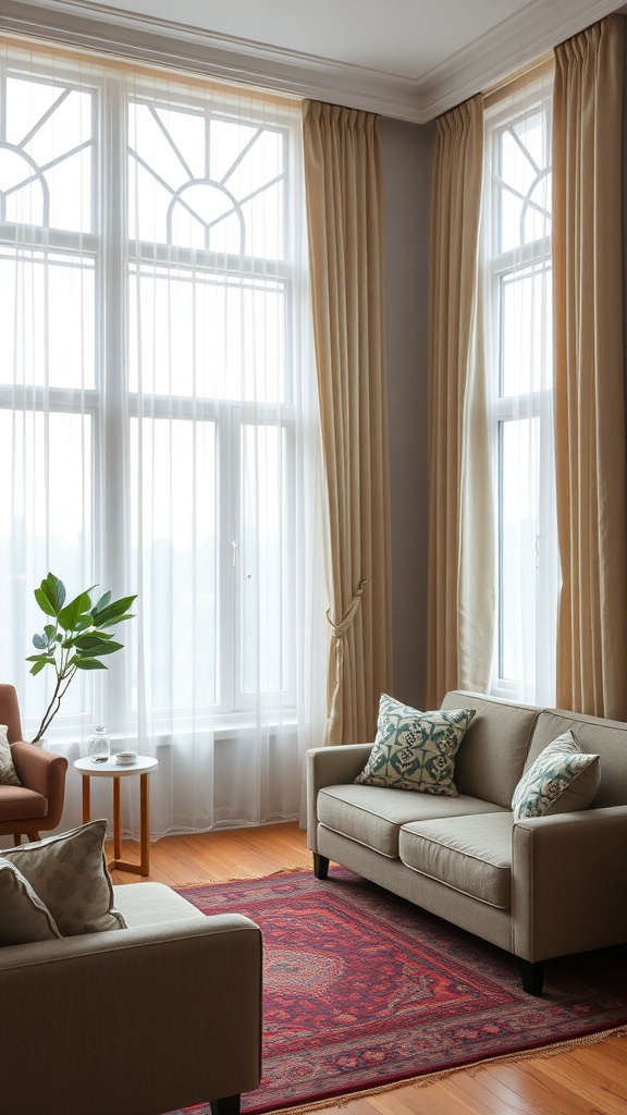 A cozy living room with elegant custom-made curtains, plush seating, and a vibrant rug.