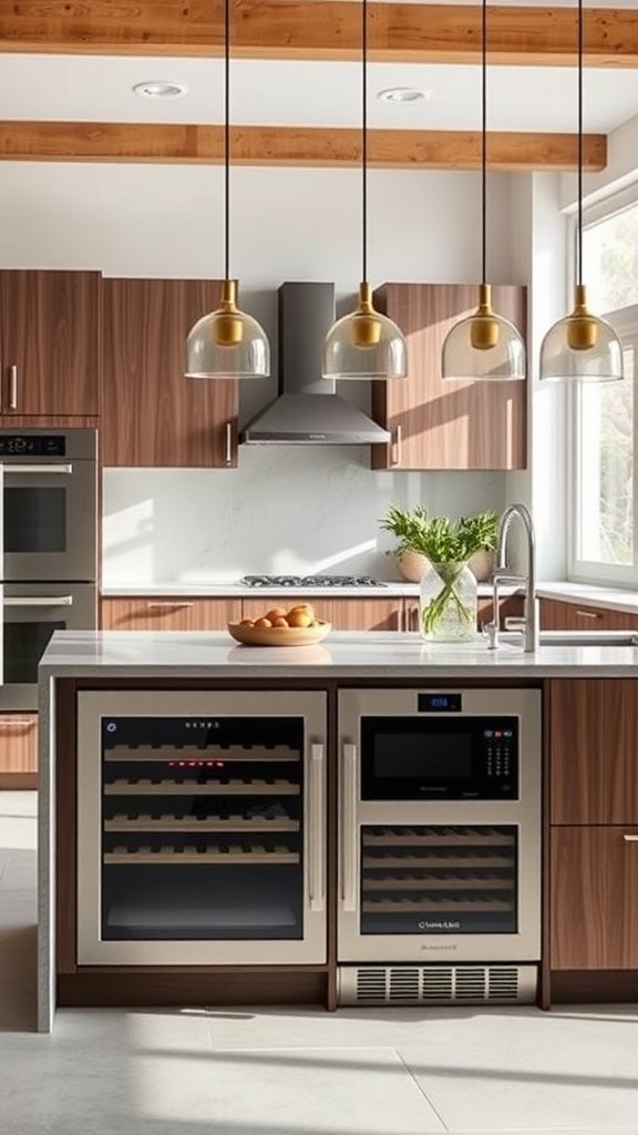 A modern kitchen island featuring built-in appliances like a wine cooler and microwave, with stylish lighting above.