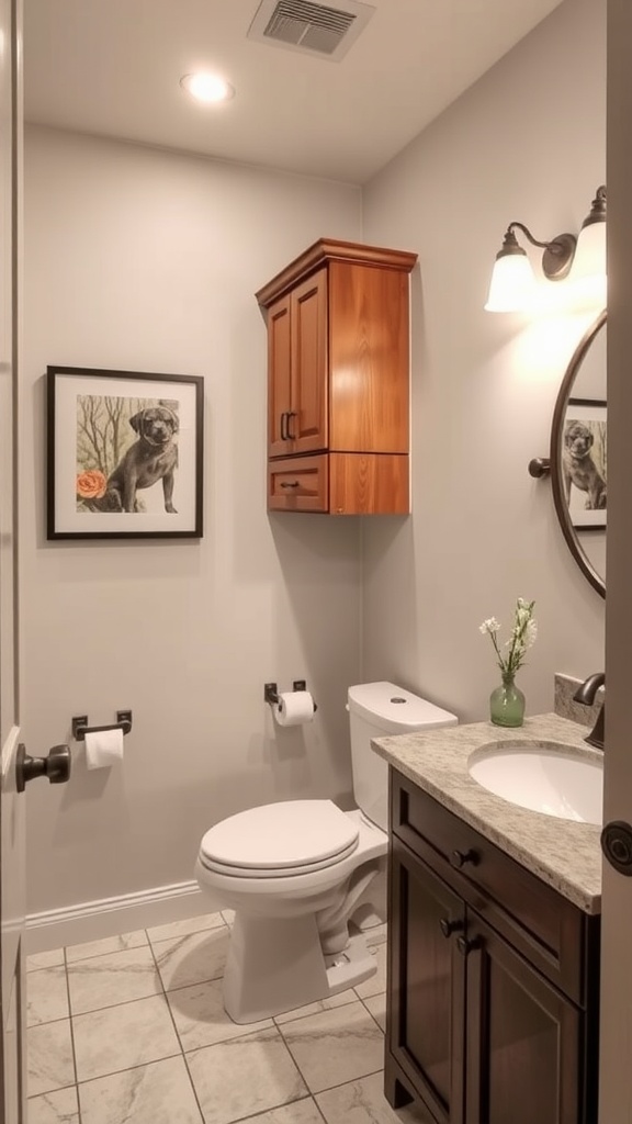 A cozy half bathroom featuring custom cabinets, a round mirror, and a framed artwork on the wall.
