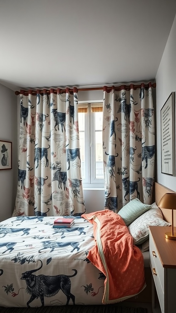 A cozy bedroom featuring custom printed fabric curtains with animal designs.