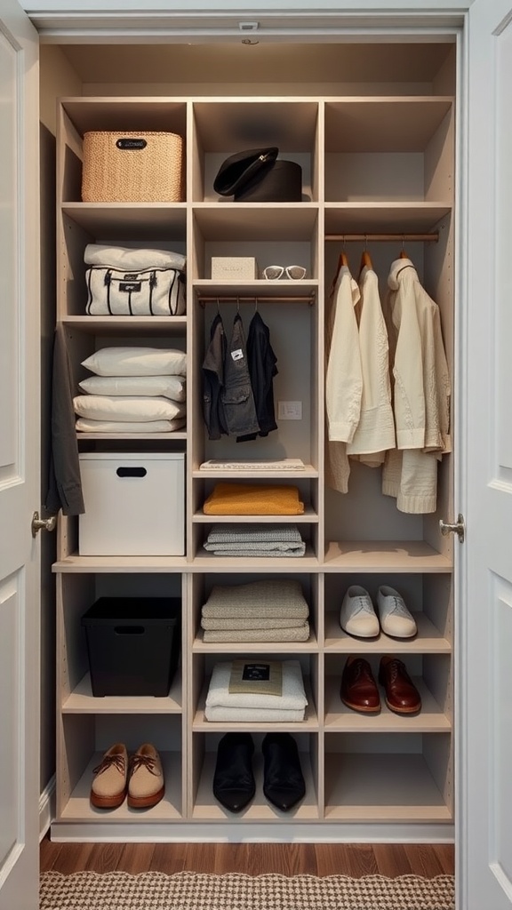 A well-organized small closet featuring modular storage systems with baskets, folded clothes, and shoes