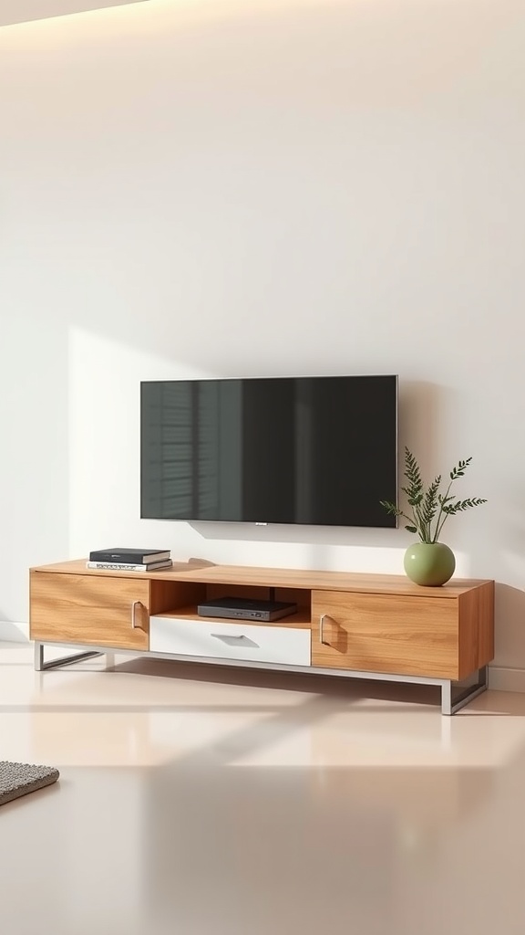 A stylish modular TV stand with a modern design, featuring wood and metal elements.