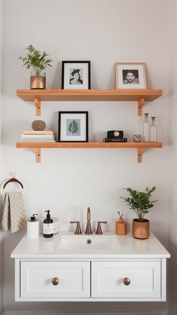 Customized floating shelves above a white vanity with decorative items and plants.
