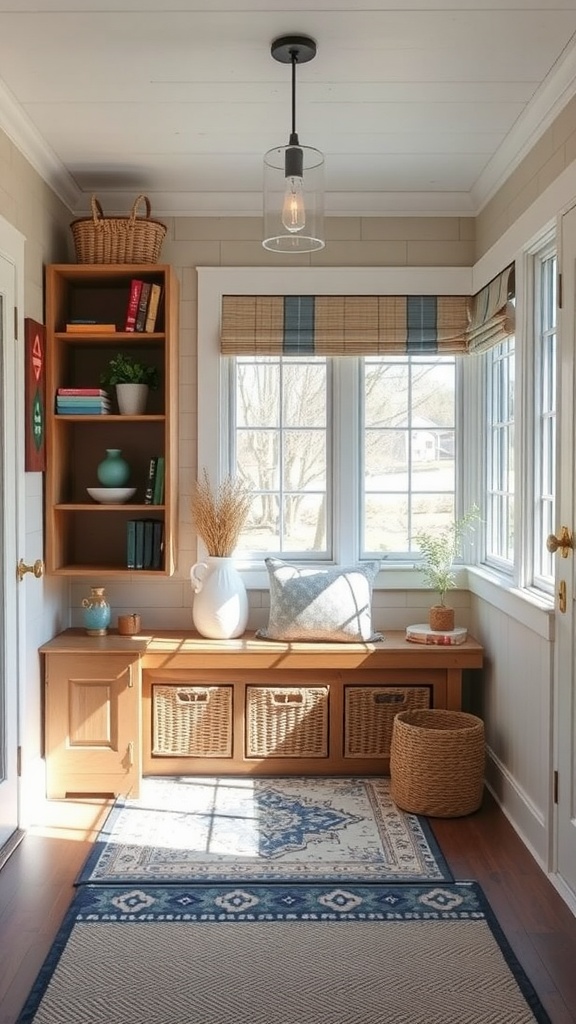A bright and cozy sunroom with a built-in storage bench and shelves filled with books and decorative items.