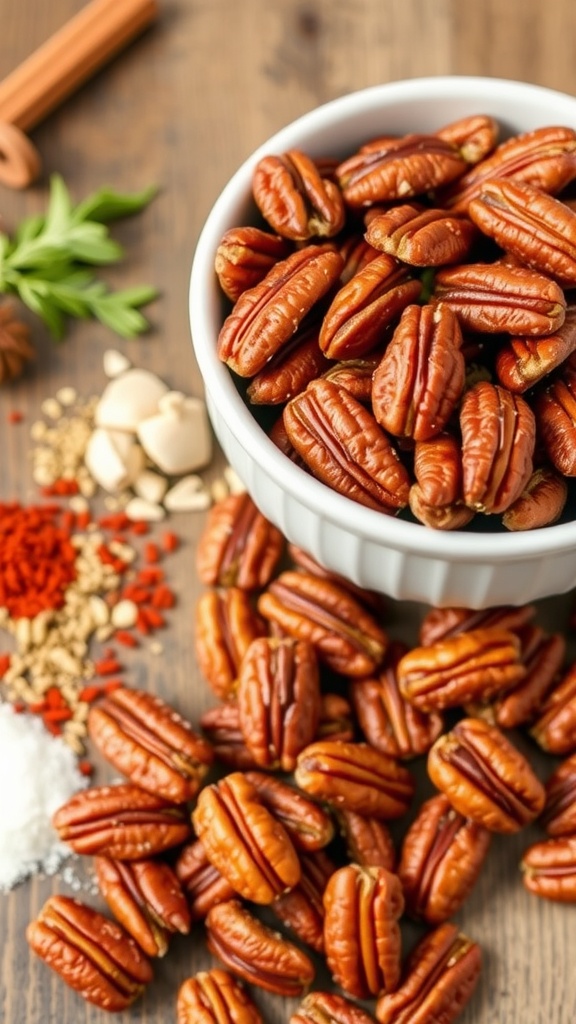 A bowl of pecans surrounded by various spices on a wooden surface.