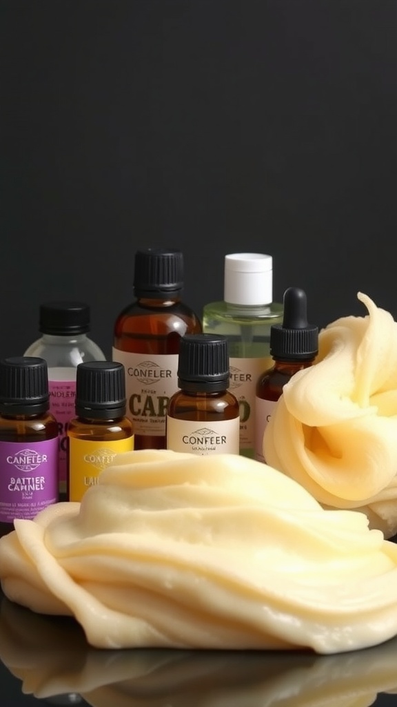A collection of essential oils and fluffy slime, ready for customization.