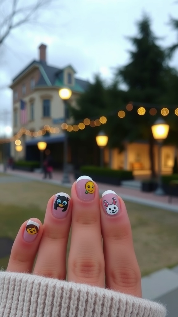 Close-up of short nails decorated with cute cartoon characters including a panda, smiley face, and bunny.