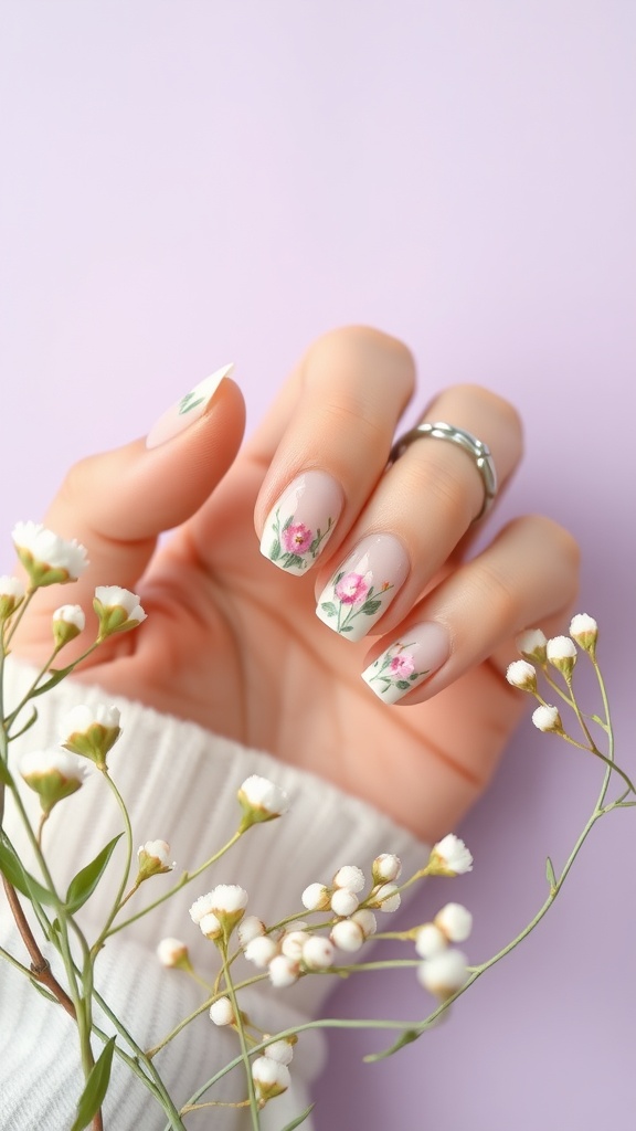 A close-up of a hand with cute floral nail art, featuring soft pink and green flowers on short nails