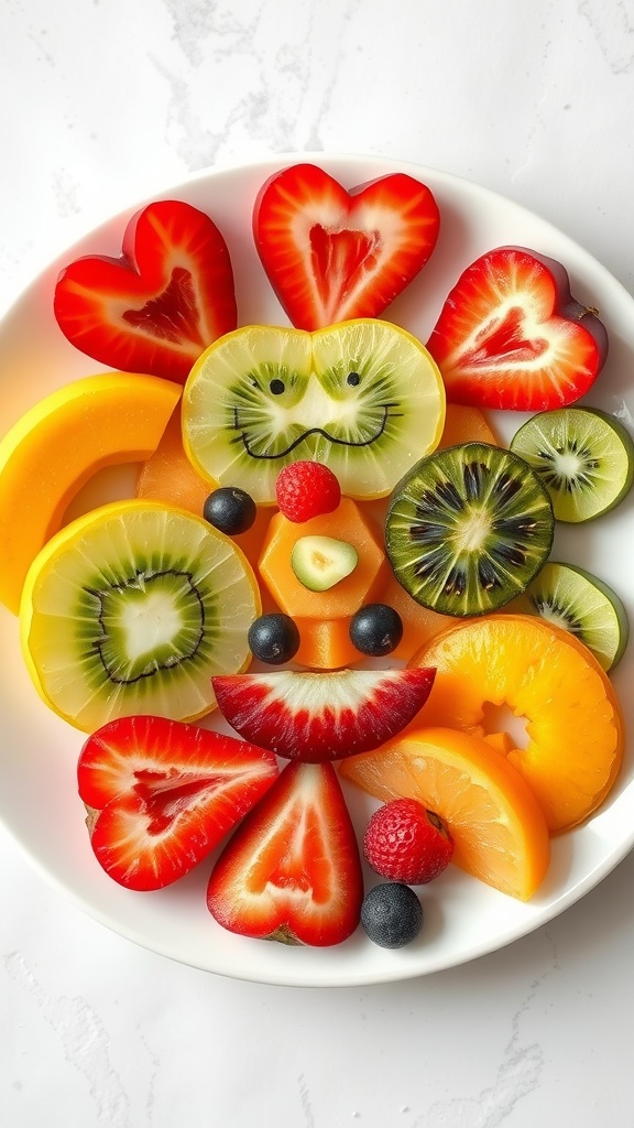 A colorful fruit tray arranged to resemble a smiling face with various fruits.