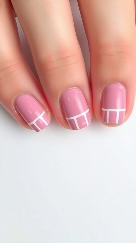 Close-up of cute pink and white striped nail art