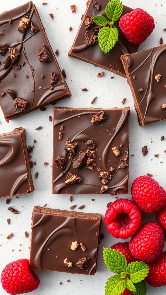 Dark chocolate raspberry protein bars with fresh raspberries and mint leaves.