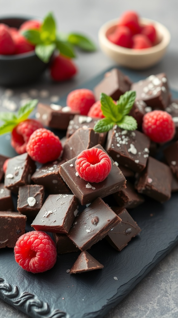 A plate of delicious Dark Chocolate Raspberry Muddy Buddies with fresh raspberries