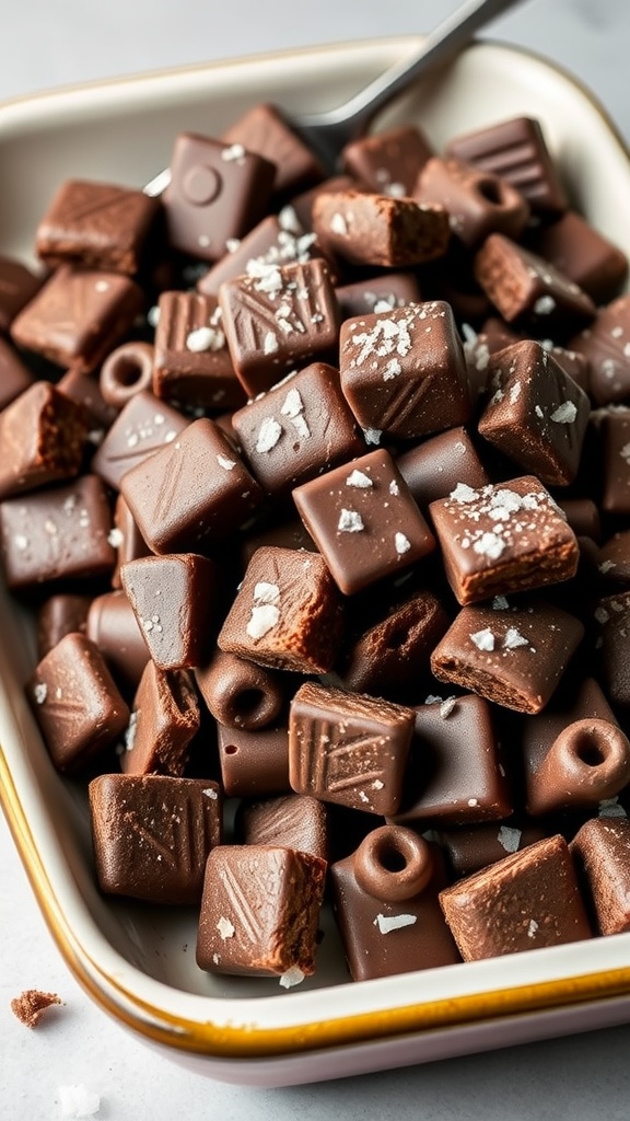 A bowl of Dark Chocolate Sea Salt Muddy Buddies snack mix.