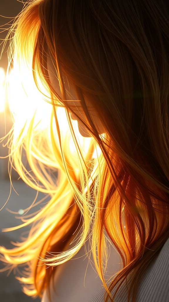 A woman with dark golden brown hair softly illuminated by sunlight.