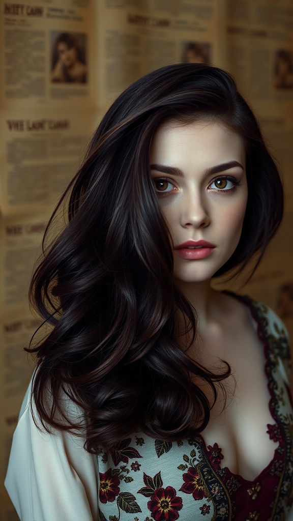 A woman with dark plum hair, wearing a floral-patterned top, exudes elegance.
