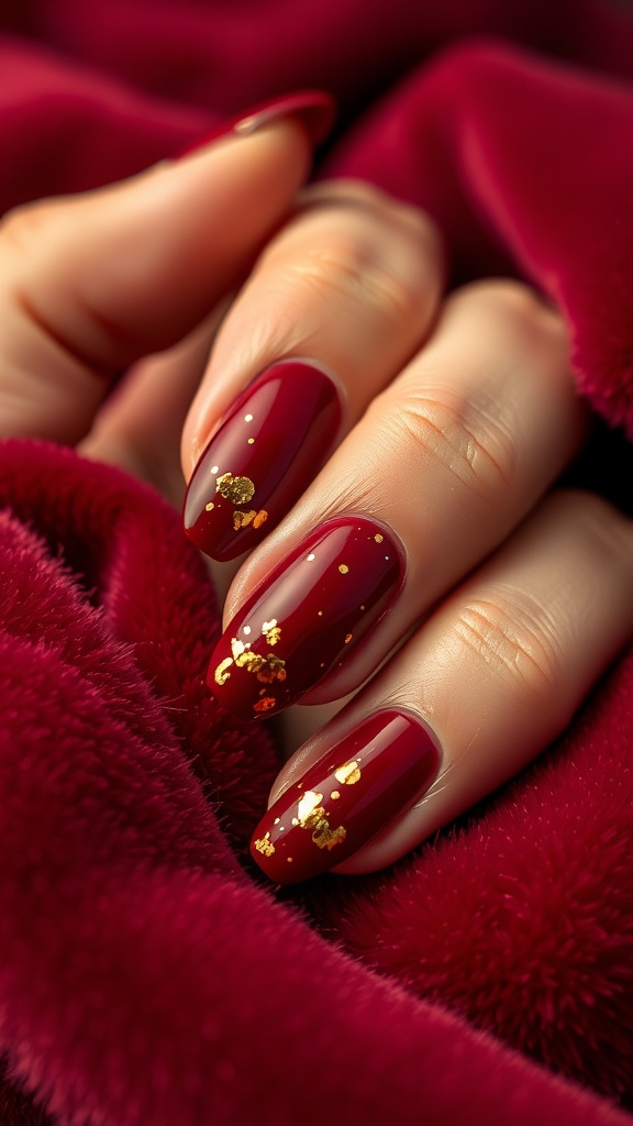 Nails painted dark red with gold foil flakes, resting on a soft red fabric.
