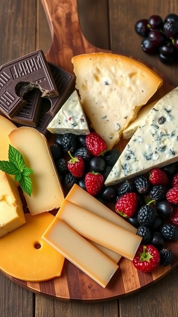 A cheese platter featuring various cheeses, dark chocolate, and fresh berries.