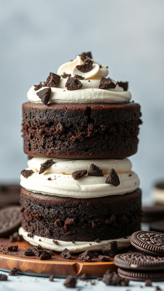 Deliciously layered Oreo cake with chocolate frosting and cookie pieces on top.