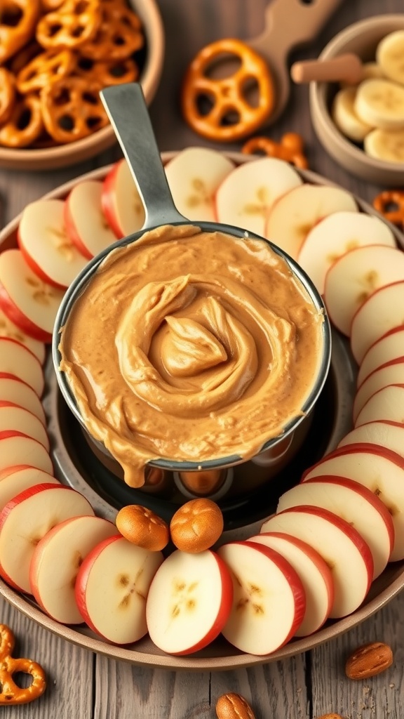 A bowl of creamy peanut butter fondue surrounded by sliced apples, bananas, and pretzels.