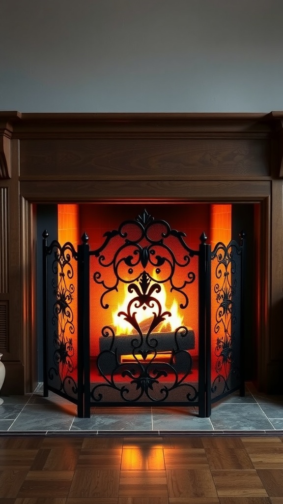 A decorative fire screen in front of a warm fireplace, showcasing intricate designs.
