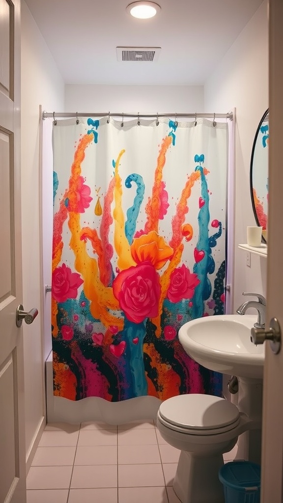 A colorful shower curtain with floral and abstract designs in a small bathroom setting.