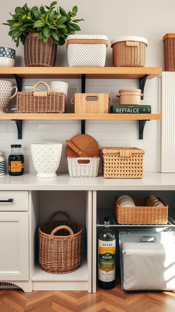 Stylish kitchen storage featuring decorative baskets and containers on shelves