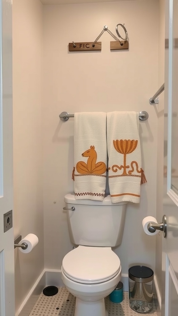 Small bathroom featuring decorative towels hanging on a towel rack.