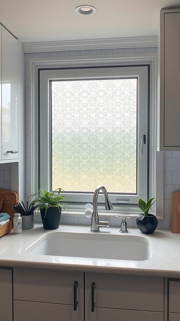 A kitchen window with decorative film adding style and privacy.