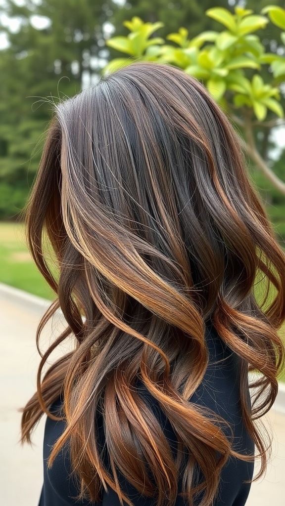 A woman with deep espresso brown hair featuring warm highlights, styled in loose waves.