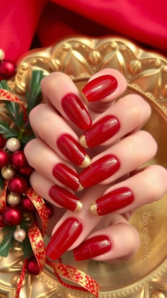 Deep red nails with gold glitter tips