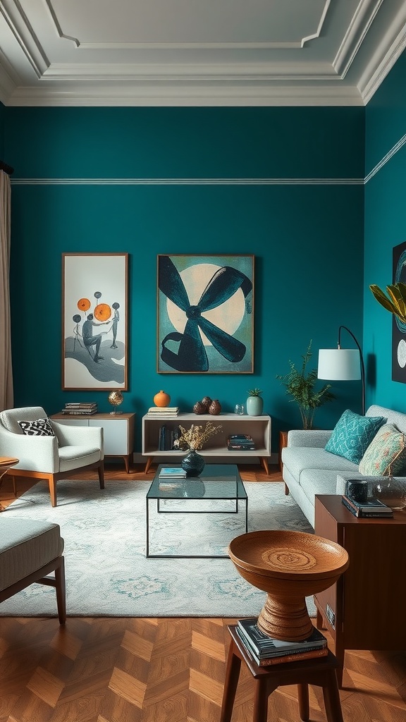 Living room with deep teal walls, featuring modern furniture and artwork.