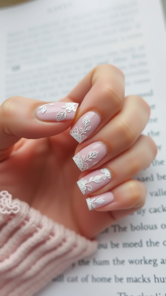 A close-up of short nails featuring delicate lace patterns on a light pink base.