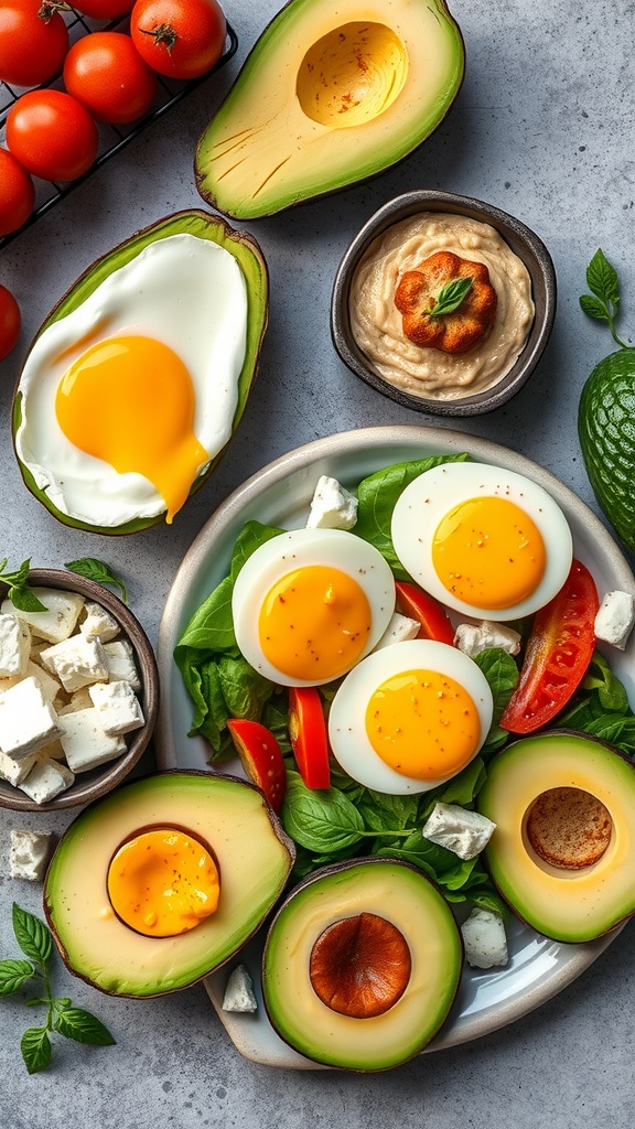 A plate with baked avocado halves topped with eggs, served with spinach, tomatoes, and feta cheese.