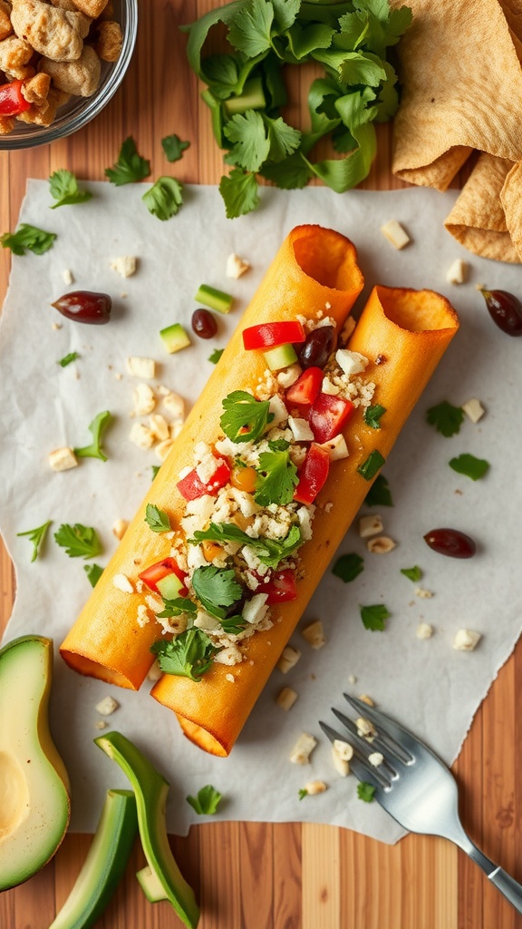 Delicious chicken taquitos garnished with fresh vegetables and herbs.