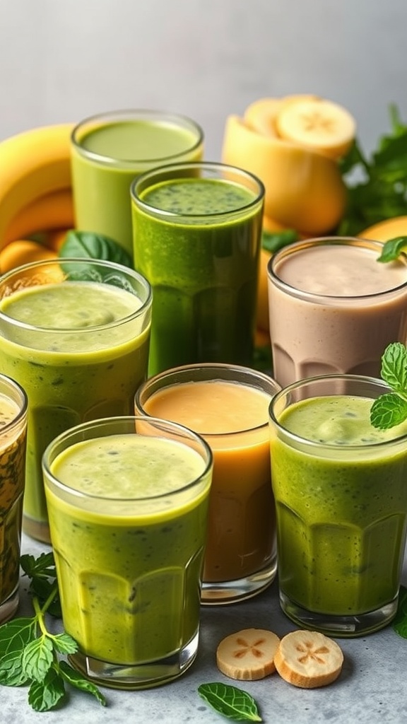 Various spinach banana smoothies in glasses, showcasing different colors and textures.