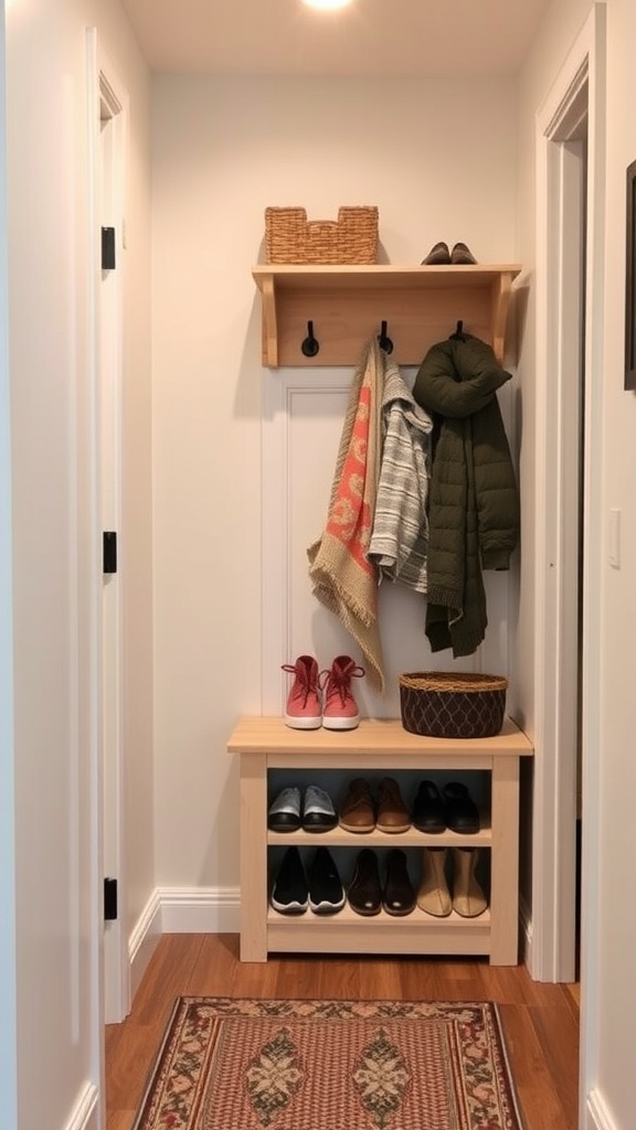 A small hallway with a bench for shoes and hooks for coats, featuring a rug and storage basket.