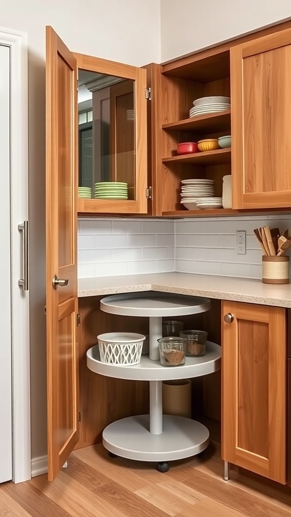 Corner kitchen cabinet with lazy Susan and organized kitchenware