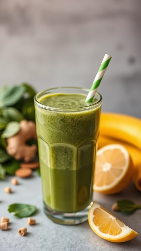 Green spinach banana smoothie in a glass with a straw, garnished with banana and lemon slices.
