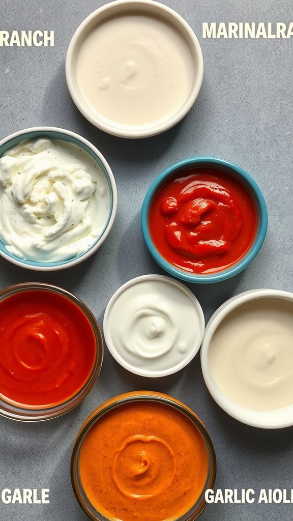 Various dipping sauces for fried zucchini including creamy and spicy options.