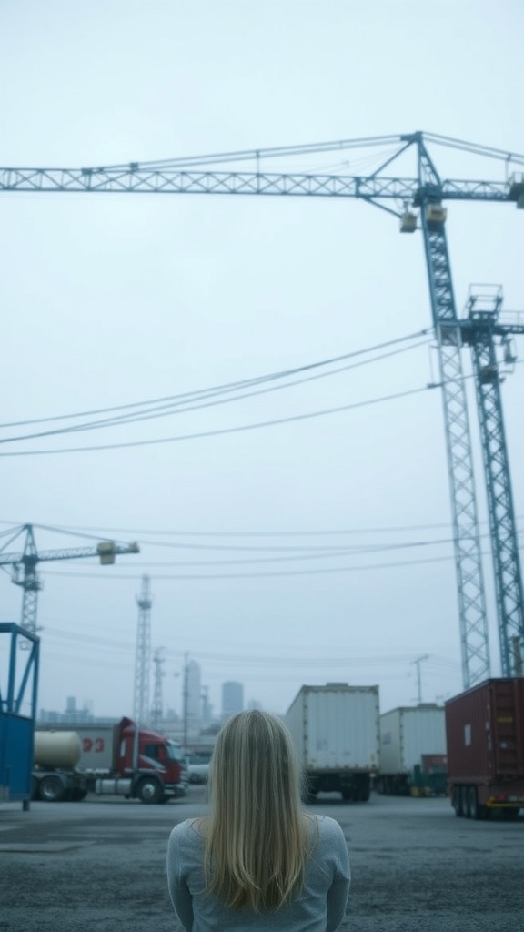 A person with long hair viewed from behind, set against a backdrop of cranes and containers.