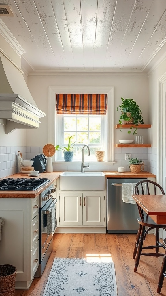 Cozy kitchen featuring distressed moulding and vintage decor elements.