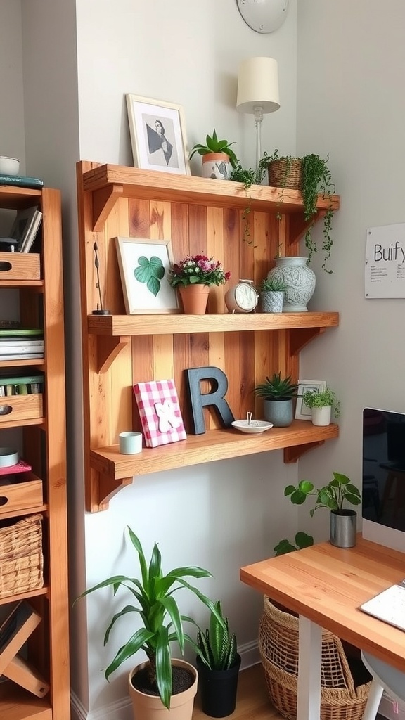 A cozy corner shelf made from pallet wood, decorated with plants and personal items.