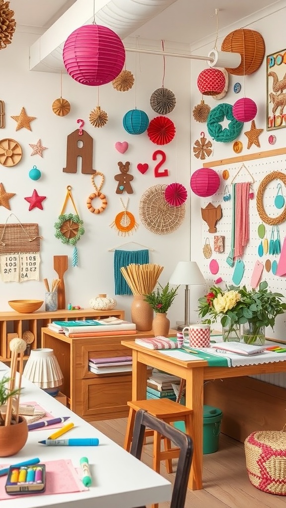 A vibrant and colorful DIY craft room filled with hanging lanterns, wall art, and craft supplies.