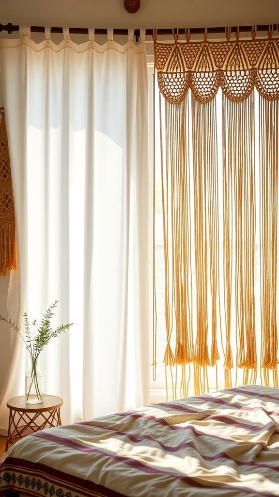 A bedroom featuring macrame curtain panels with white fabric curtains