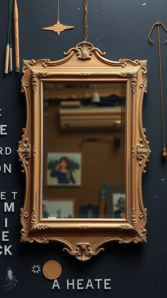 A vintage-style mirror with an ornate golden frame, hanging on a wall decorated with various artistic tools and items.