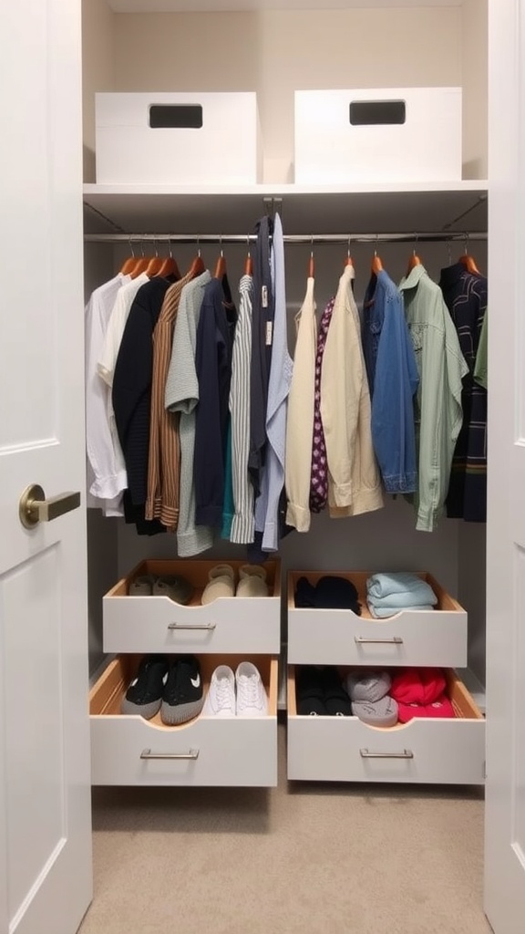 A neatly organized closet with pull-out drawers containing shoes and clothes.