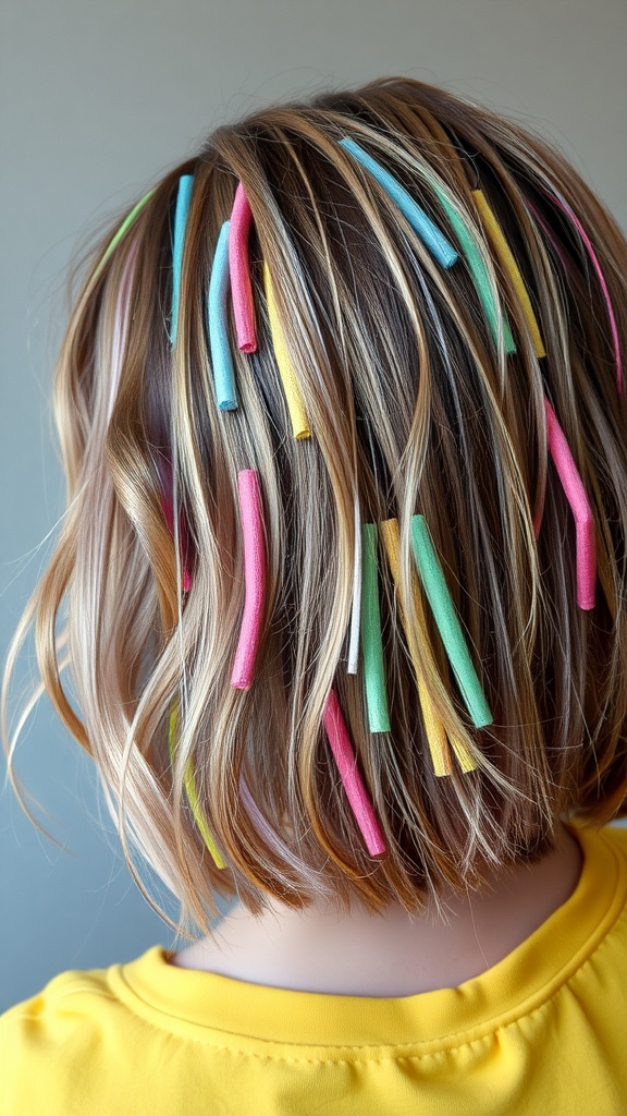 A person with colorful foam rollers in their hair, showcasing a playful hairstyle.
