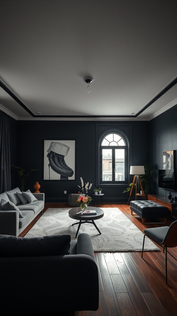 A contemporary living room with black walls, stylish furniture, and natural lighting