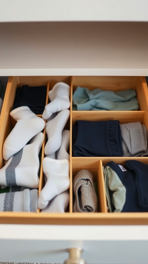 Organized drawer with divider sections holding socks and small clothing items.
